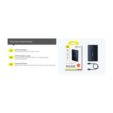 Išorinė baterija LiPo BASEUS PicoGo black 10000mAh 20W USB + 2xUSB-C P10076801123-00 2