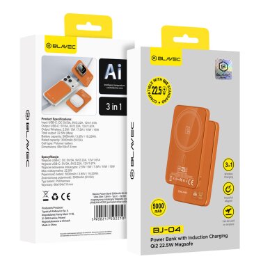 Išorinė baterija orange BLAVEC 3 in 1 Slim Glass BJ-04 5000mAh 22.5W Type-C + MagSafe PBBJ04-MC5O 6