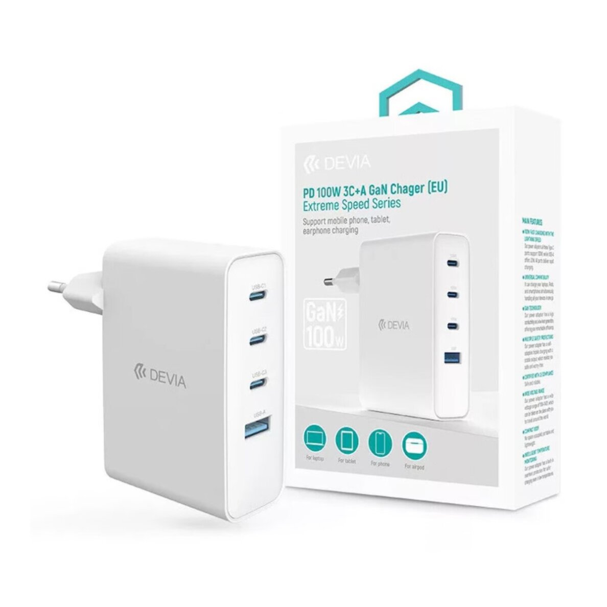 Kroviklis buitinis 3xType-C+USB 100W GaN DEVIA Kroviklis buitinis 3xType-C+USB 100W GaN DEVIA