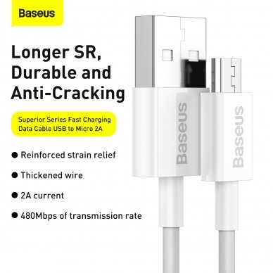 Micro USB Baseus baltas laidas 1m CAMYS-02 16