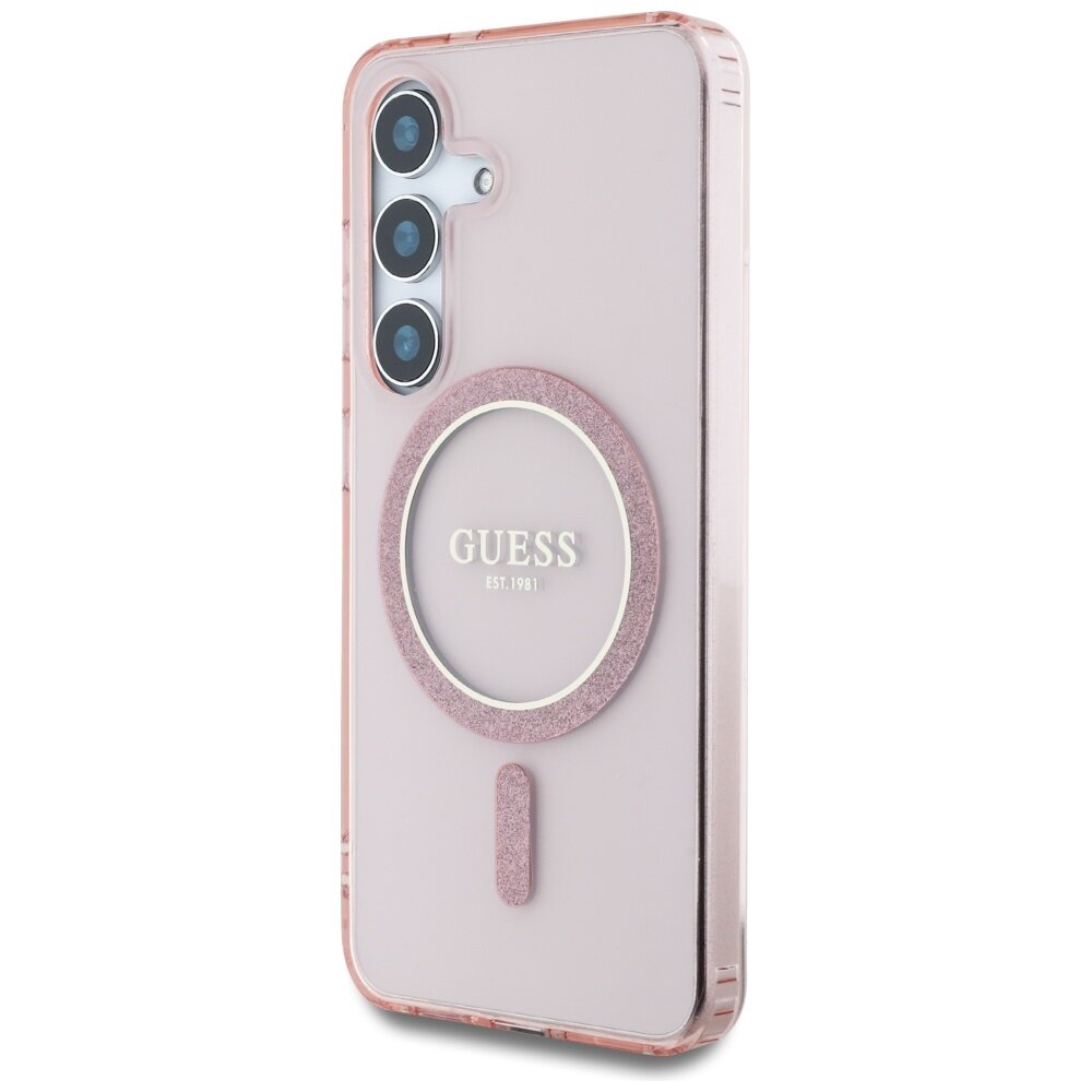 Samsung S25 pink MagSafe Glitter Circle Classic Logo GUESS nugarėlė 1