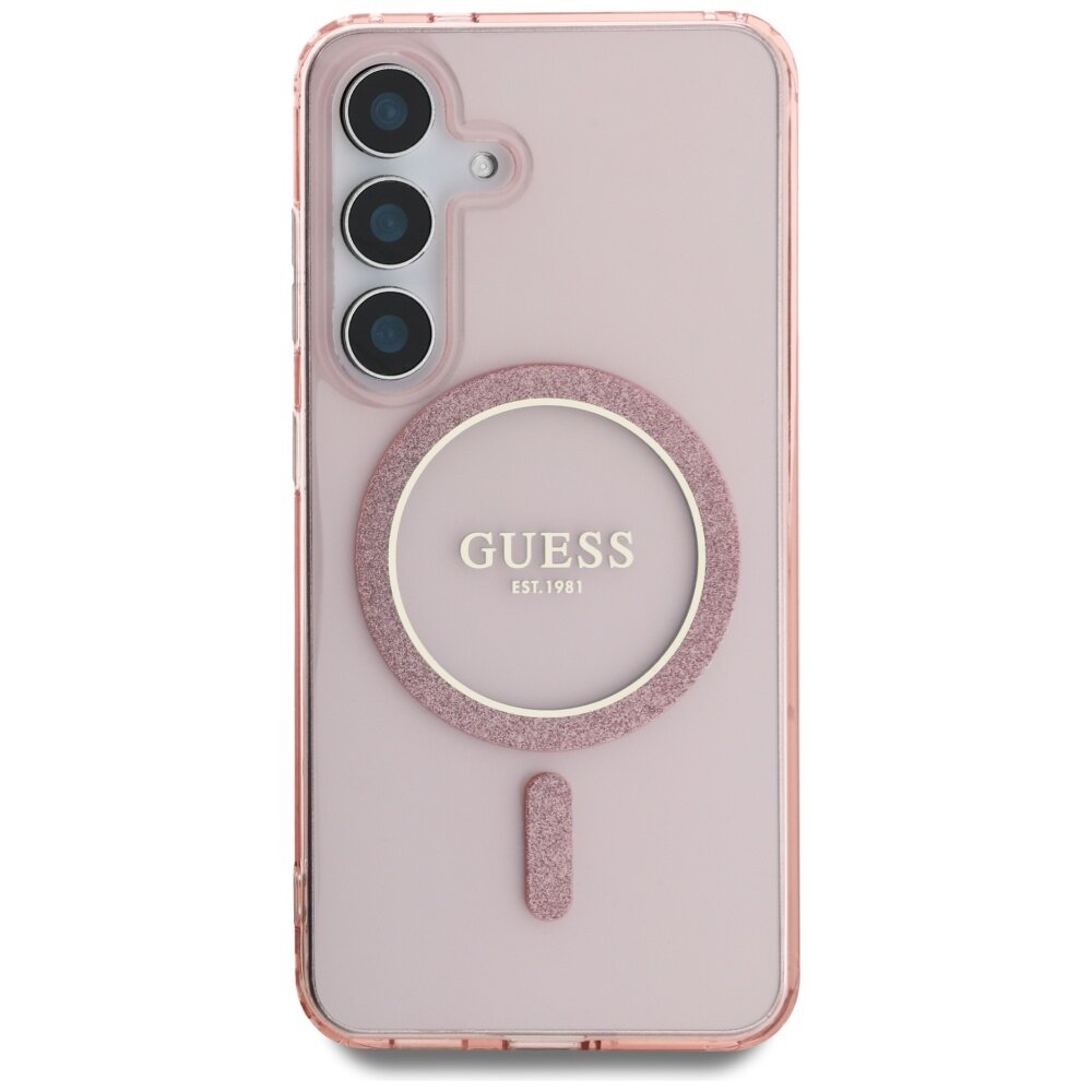 Samsung S25 pink MagSafe Glitter Circle Classic Logo GUESS nugarėlė 2