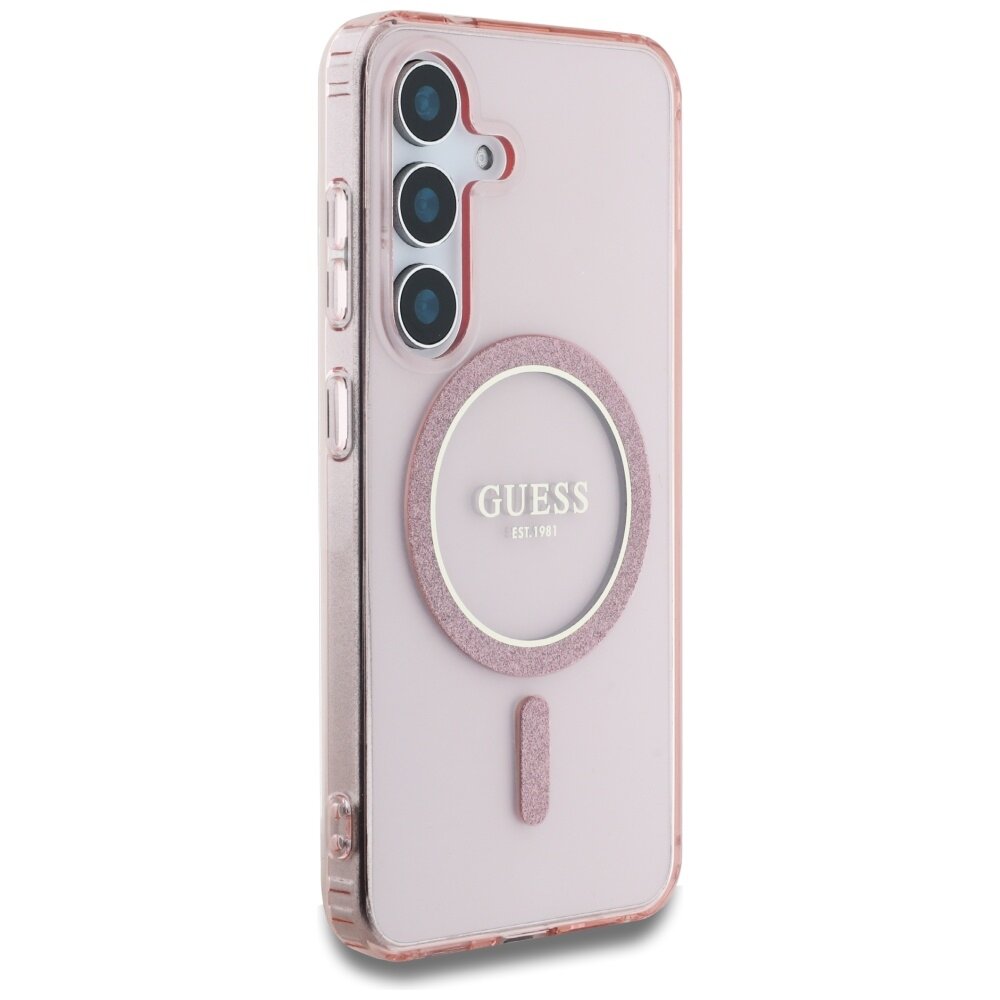 Samsung S25 pink MagSafe Glitter Circle Classic Logo GUESS nugarėlė 3