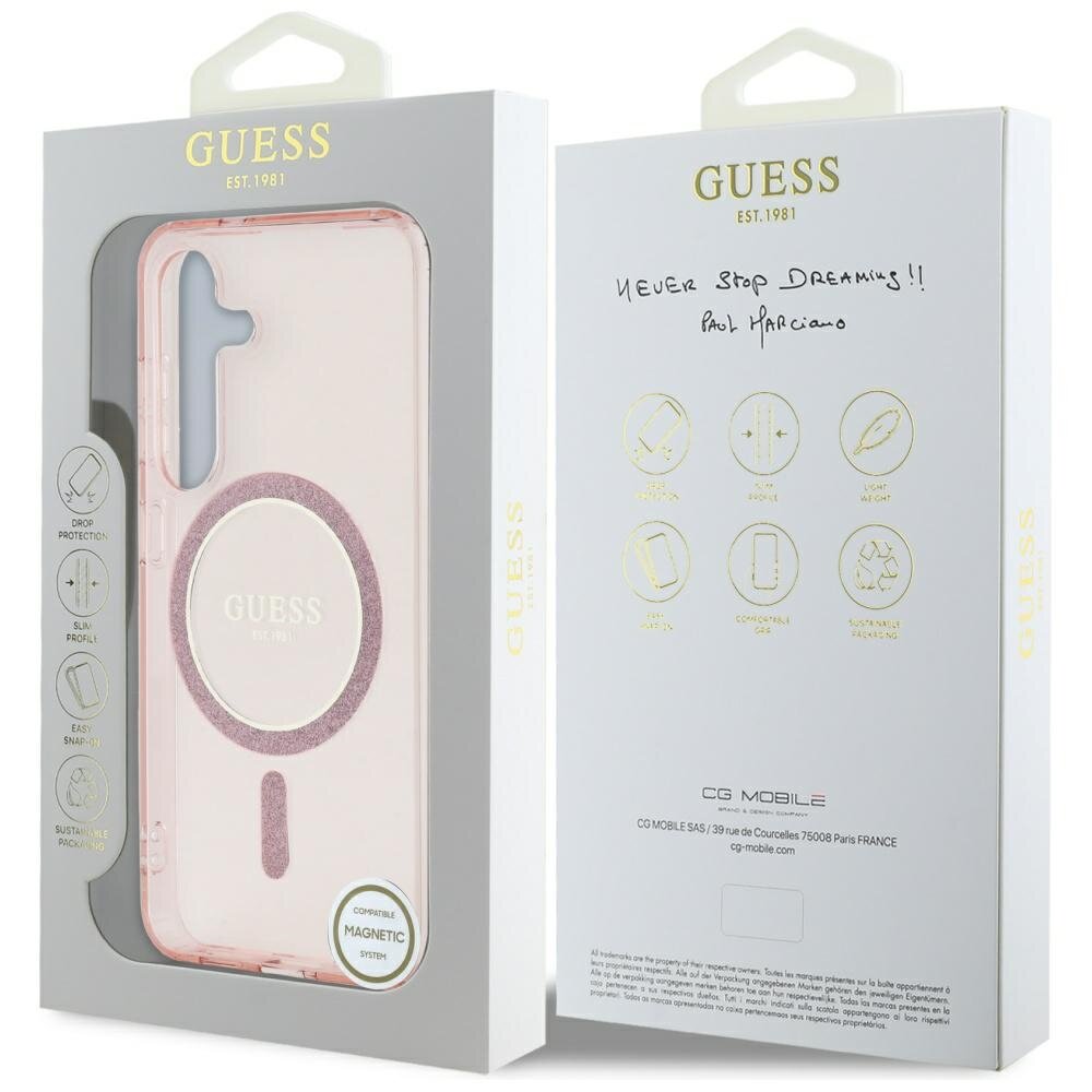 Samsung S25 pink MagSafe Glitter Circle Classic Logo GUESS nugarėlė 7