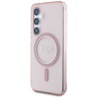 Samsung S25 pink MagSafe Glitter Circle Classic Logo GUESS nugarėlė 1