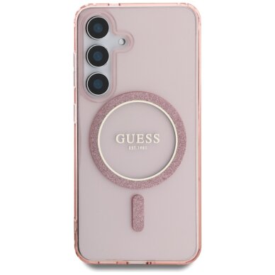 Samsung S25 pink MagSafe Glitter Circle Classic Logo GUESS nugarėlė 2