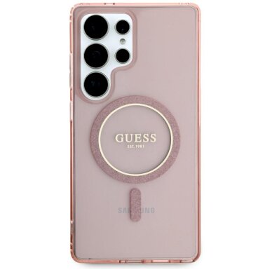 Samsung S25 ULTRA pink MagSafe Glitter Circle Classic Logo GUESS nugarėlė 2
