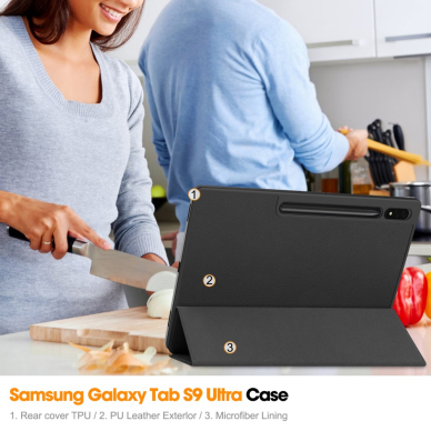 Samsung TAB S8 ULTRA / S9 ULTRA / S10 ULTRA 14.6" black silikoninis S PEN TRIFOLD dėklas 9