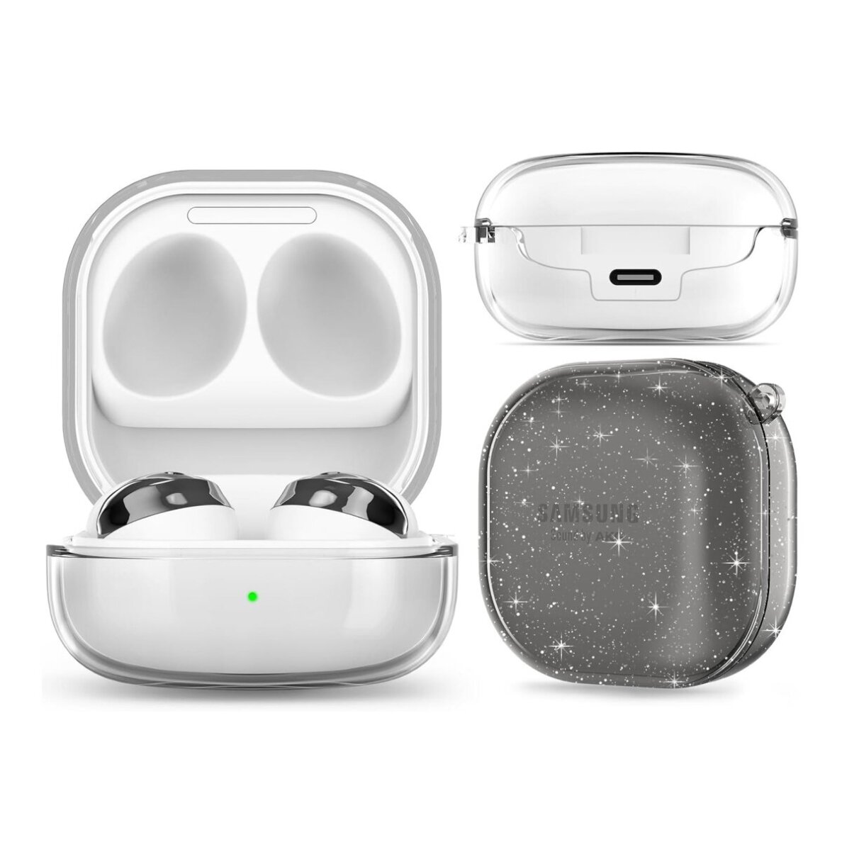 Silikoninis GLITTER dėklas Samsung Galaxy Buds Live / Pro / Pro 2 juodas su karabinu 1
