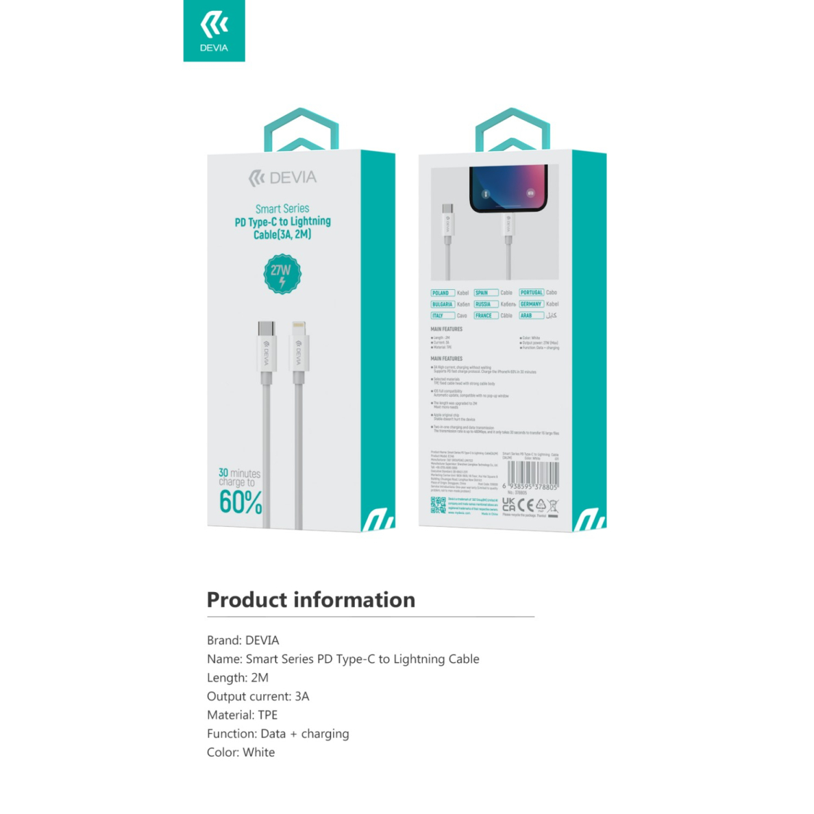 TYPE-C to Lightning PD 27W 2m laidas DEVIA 7