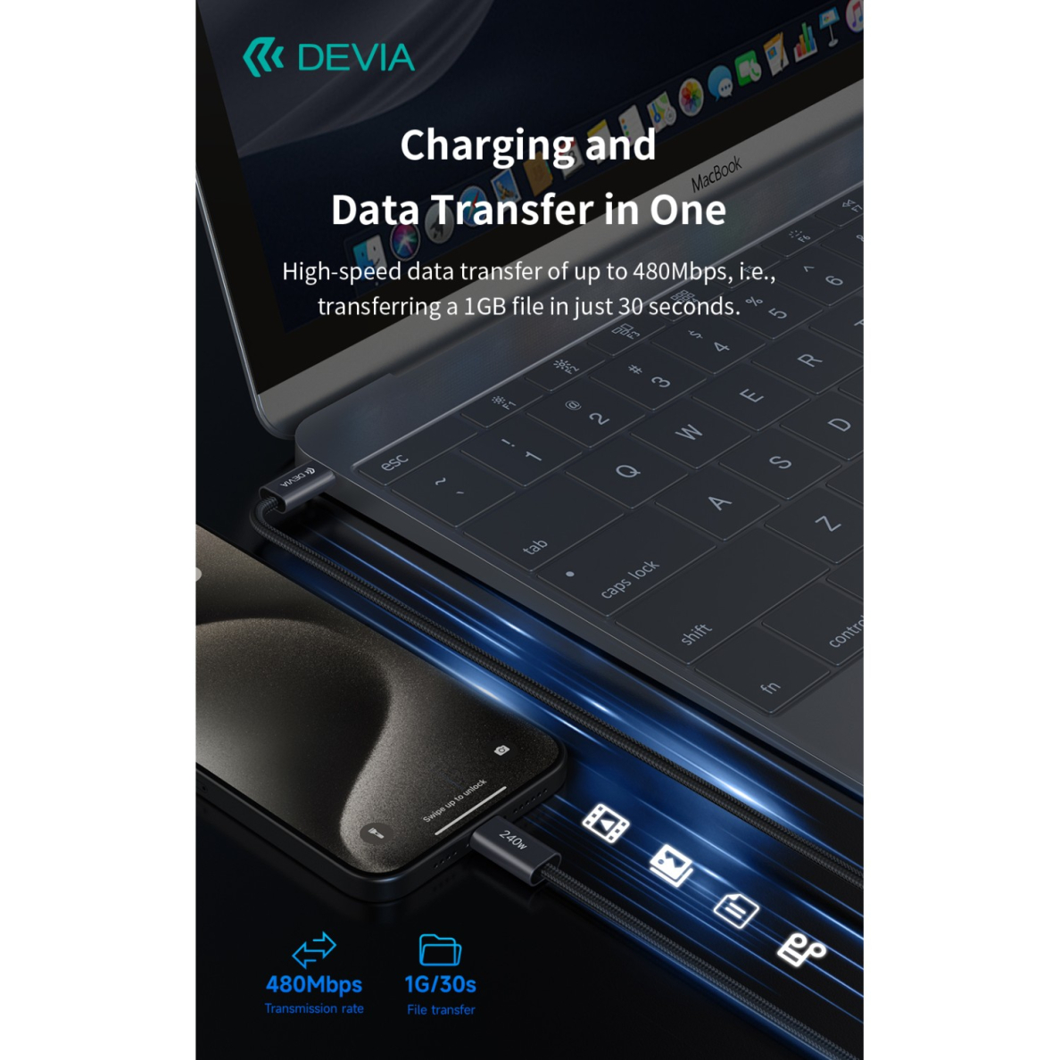 TYPE-C TO TYPE-C Extreme PD 240W 5A 2m laidas DEVIA 5 TYPE-C TO TYPE-C Extreme PD 240W 5A 2m laidas DEVIA 5