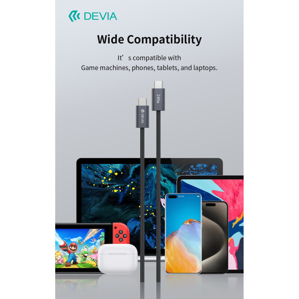 TYPE-C TO TYPE-C Extreme PD 240W 5A 2m laidas DEVIA 9 TYPE-C TO TYPE-C Extreme PD 240W 5A 2m laidas DEVIA 9