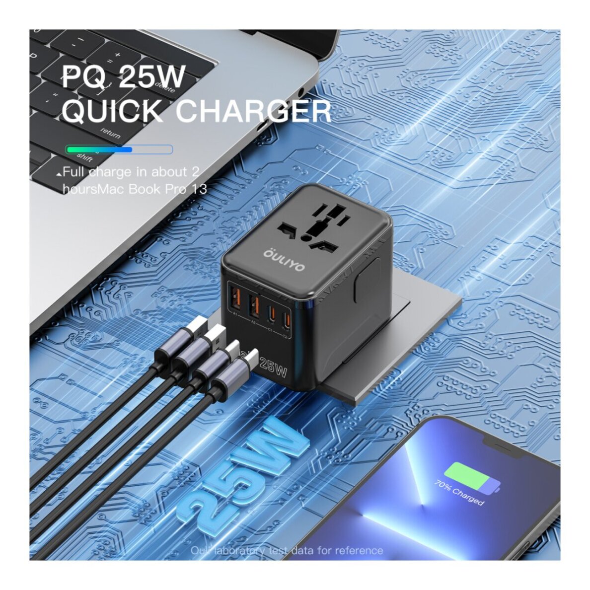 Universalus kelioninis adapteris OULIYO PD+QC GaN 25W 2xUSB-A 2xType-C 2