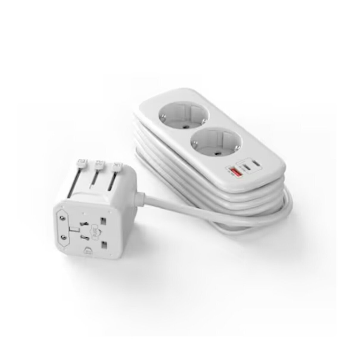 Universalus kelioninis adapteris - prailgintuvas OULIYO PD+QC 30W USB-A 2xType-C 2xAC Outlet 1.8m 1