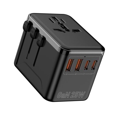 Universalus kelioninis adapteris OULIYO PD+QC GaN 25W 2xUSB-A 2xType-C 1