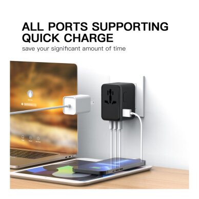 Universalus kelioninis adapteris OULIYO PD+QC GaN 67W USB-A 3xType-C 3 Universalus kelioninis adapteris OULIYO PD+QC GaN 67W USB-A 3xType-C 3