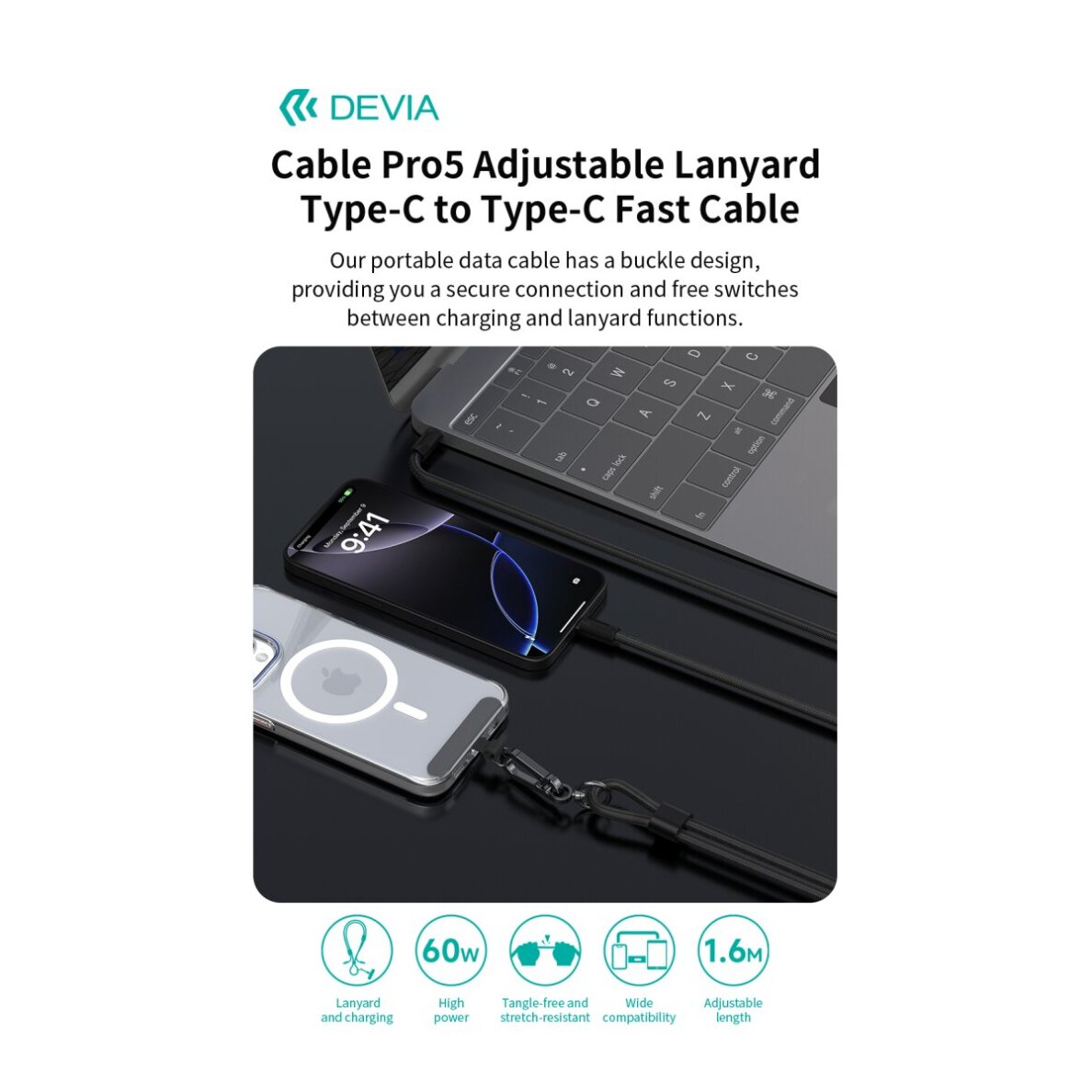 Virvutė telefonui - laidas black TYPE-C 60W Devia Cable Pro5 1.6m 4