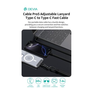 Virvutė telefonui - laidas black TYPE-C 60W Devia Cable Pro5 1.6m 4 Virvutė telefonui - laidas black TYPE-C 60W Devia Cable Pro5 1.6m 4