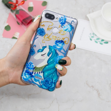 XIAOMI REDMI 6/6A tracy slim clear nugarėlė Unicorn&blue flowers 4